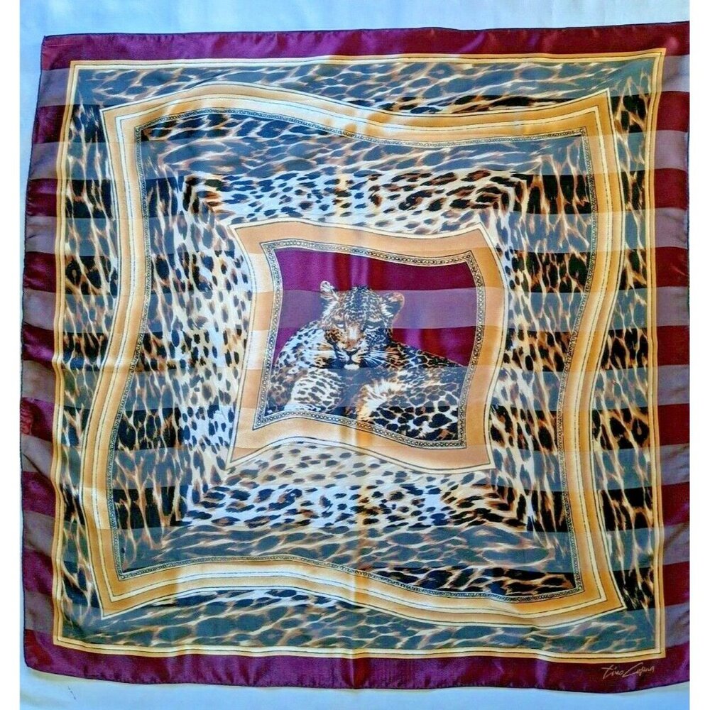 Tino Cosma Italy Scarf 100% Silk Hand Rolled Leopard Animal Print Square 34"*34